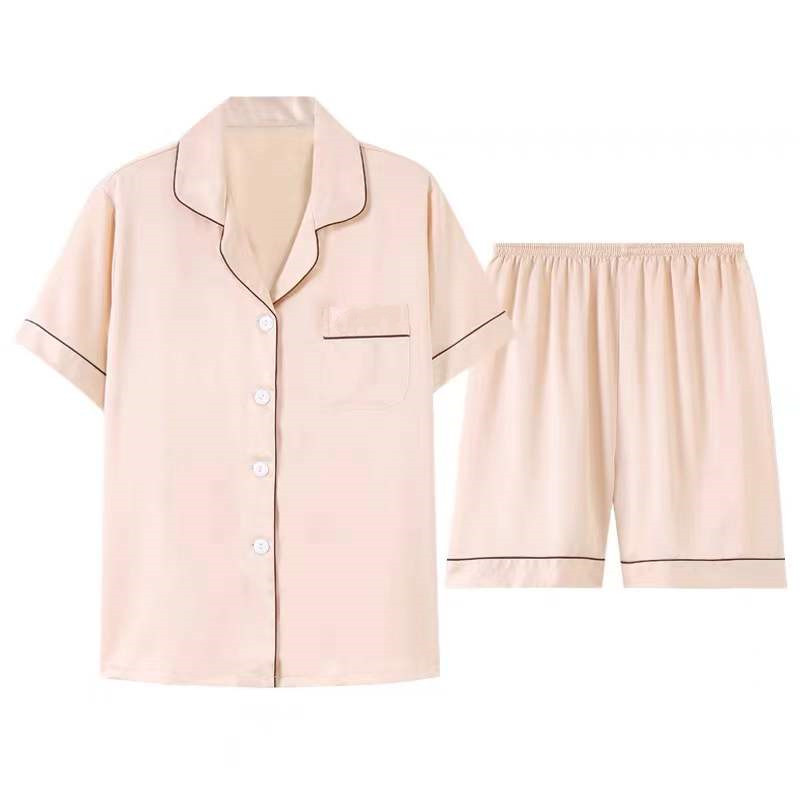 Womens Solid 4 Color Luxury Silk Pajama Sleepwear Short Sleeve Pajamas Female Pink 主图
