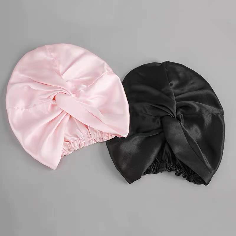 Custom logo soft bpnnet silk sleeping cap double side bonnet pink black