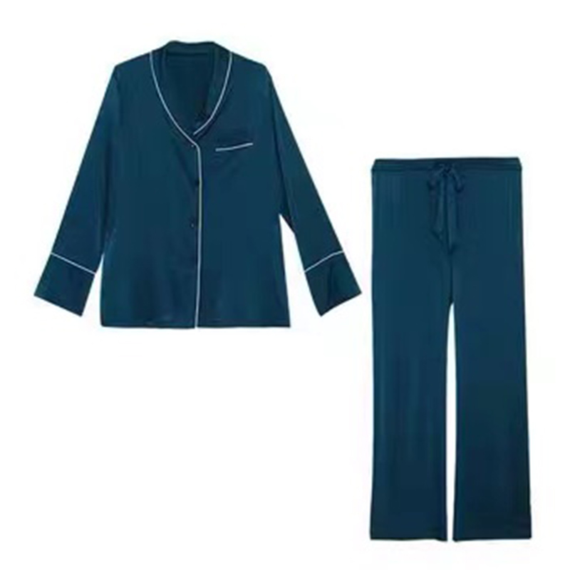 Silk Pajamas Pajamas Size Loose Long  Sleeve long pant Silk Nightwear Pajamas Sets Navy color