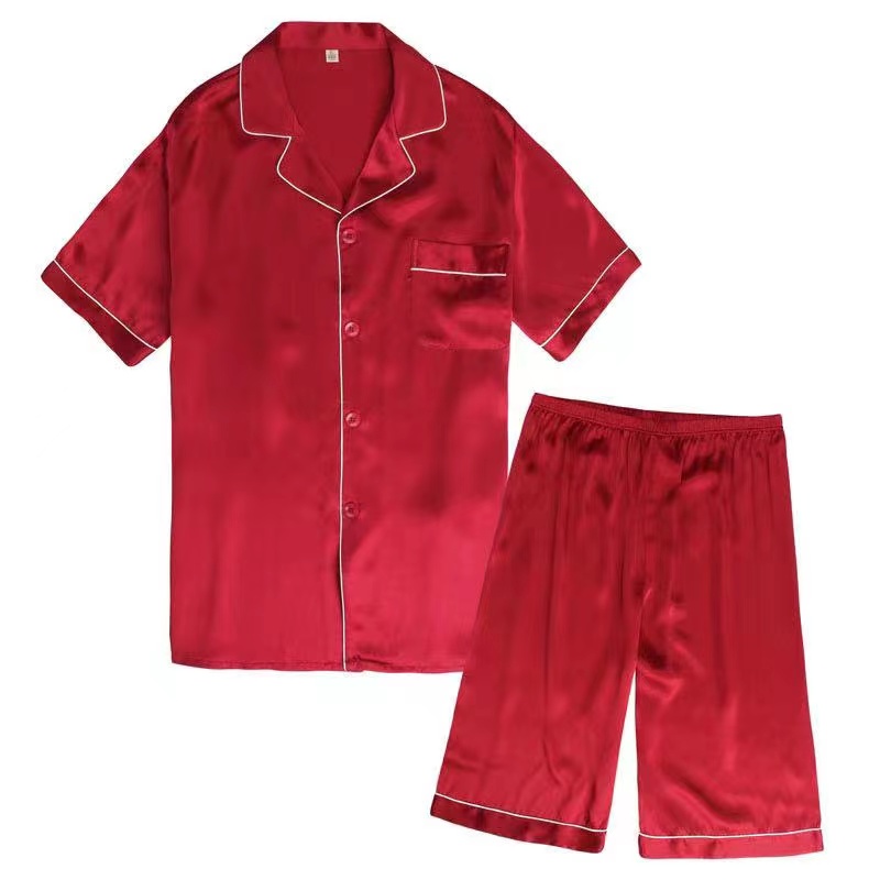 Womens Solid 4 Color Luxury Silk  Pyjama Sleepwear Short Sleeve Pajamas Female Red