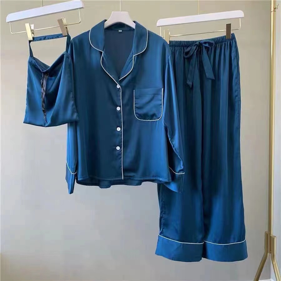 ladies long sleeve custom pajamas with logo adult luxury satin polyester women sleepwear blue color