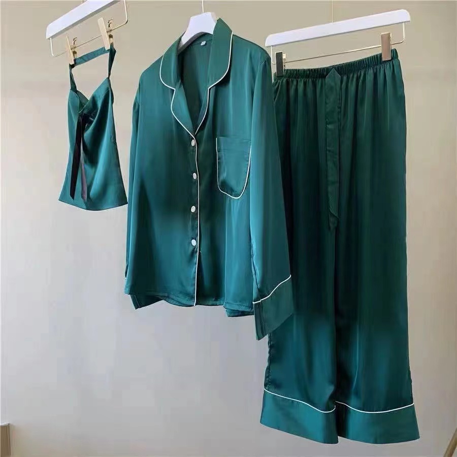 ladies long sleeve custom pajamas with logo adult luxury satin polyester women sleepwear green color