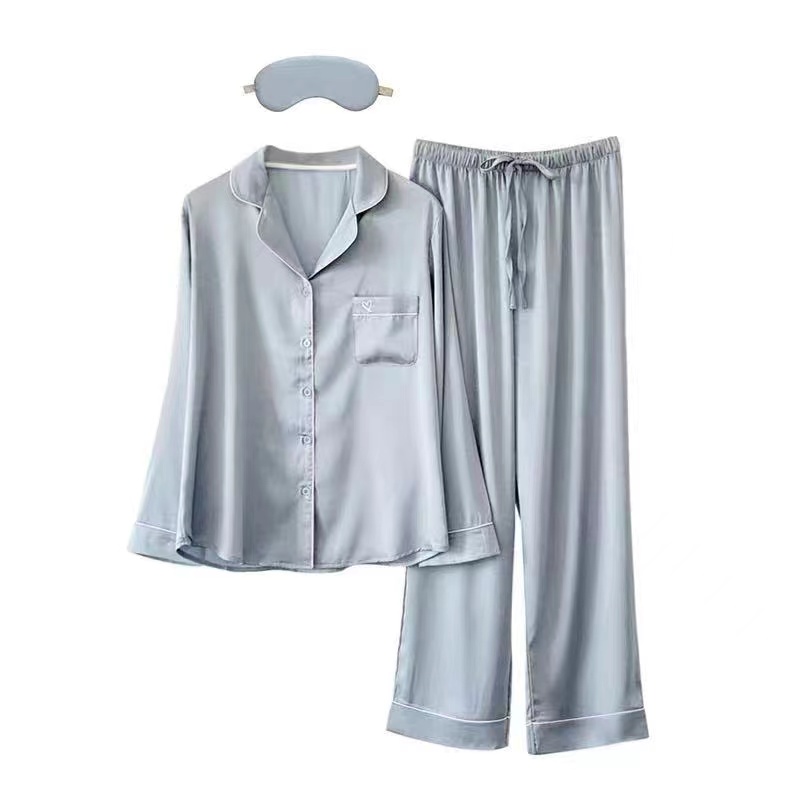 wholesale small MOQ Amazon hot selling 2 piece set polyester colored satin  women's pajamas sleepwear grey color